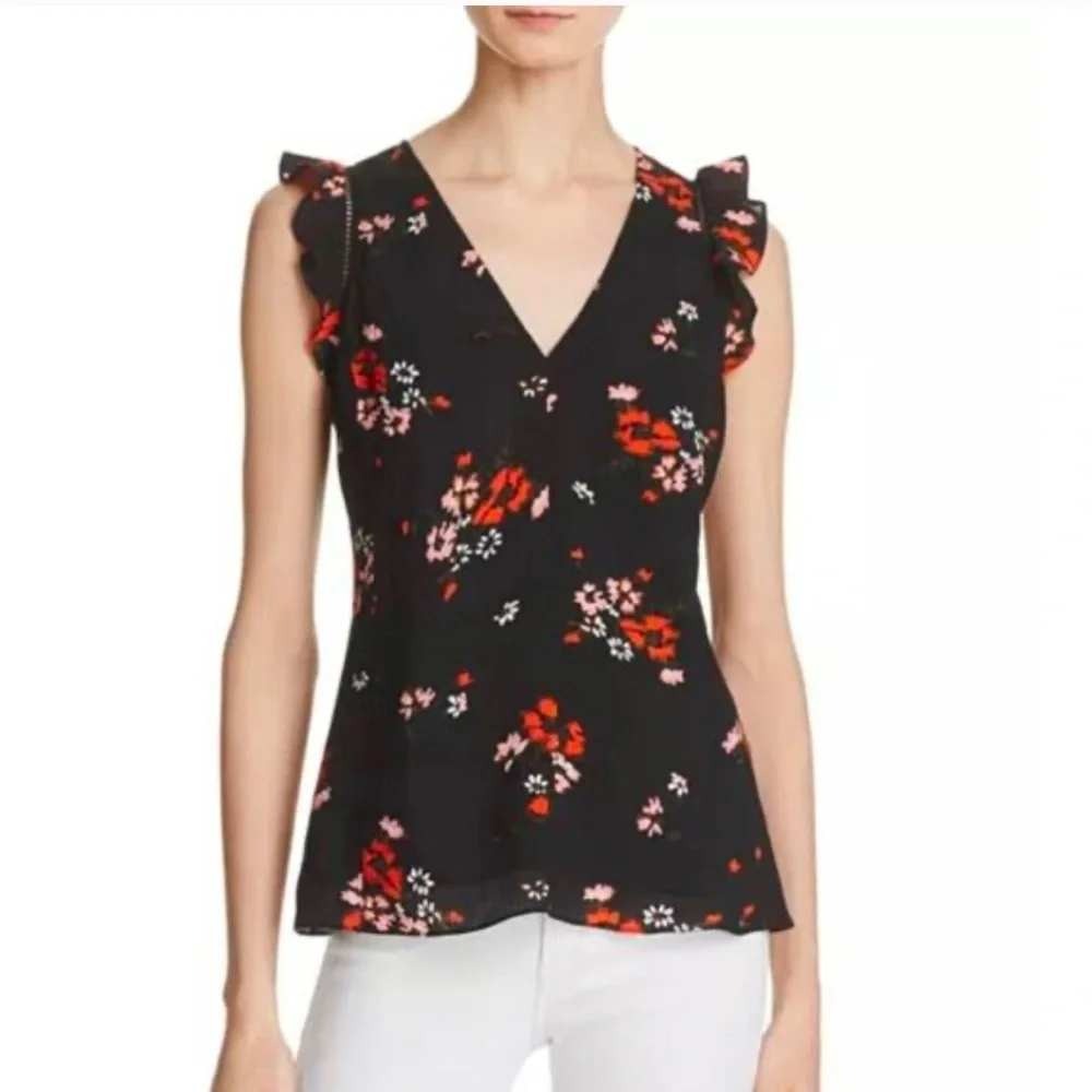 Rebecca Taylor Black Floral Silk Blend V-Neck Ruffle Sleeveless Blouse Size 6